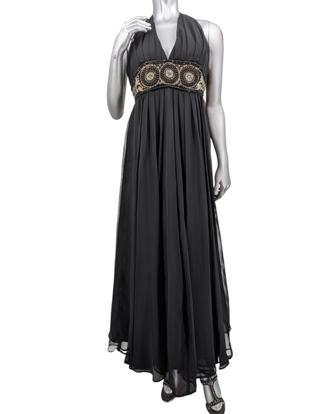 SALE! Vintage 1960s AB Rhinestone & Glass Bead Waistband CHIFFON MAXI DRESS Gown